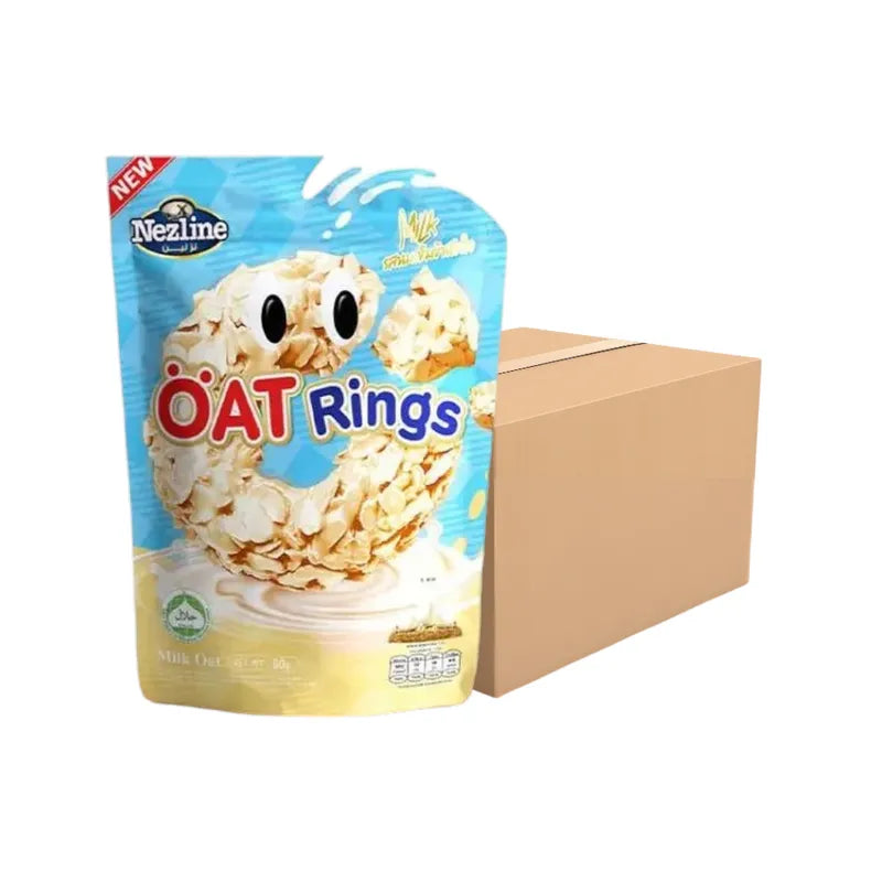 Nezline Oat Rings Snacks in Milk Flavor, 60g, close-up of crunchy oat rings coated with milk-flavored glaze in a snack package