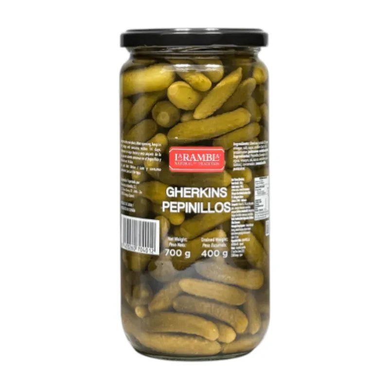 Jar of La Rambla Gherkins pepinillos in brine, 700g, showing fresh, crunchy pickles in a clear glass jar.