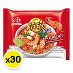 YUMYUM Jumbo Tom Yum Kung Instant Noodles 63g, dry grocery pack of 30, showing noodles in a bowl with herbs and spices.