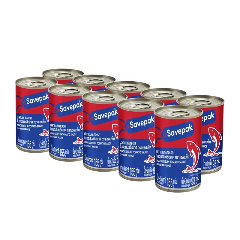 Canned Savepak Mackerel in Tomato Sauce 155g, packed in a box of 10, ready for cooking or snacking in dry grocery aisle