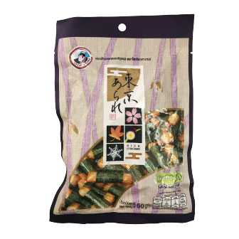 Tokyo Arare rice cracker isomaki, Japanese confectionery snack featuring crunchy rice crackers wrapped in seaweed.