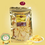 Sriwanna Crispy Durian Chips 50g in a clear package, showcasing golden, crunchy durian snack from Sriwanna brand.