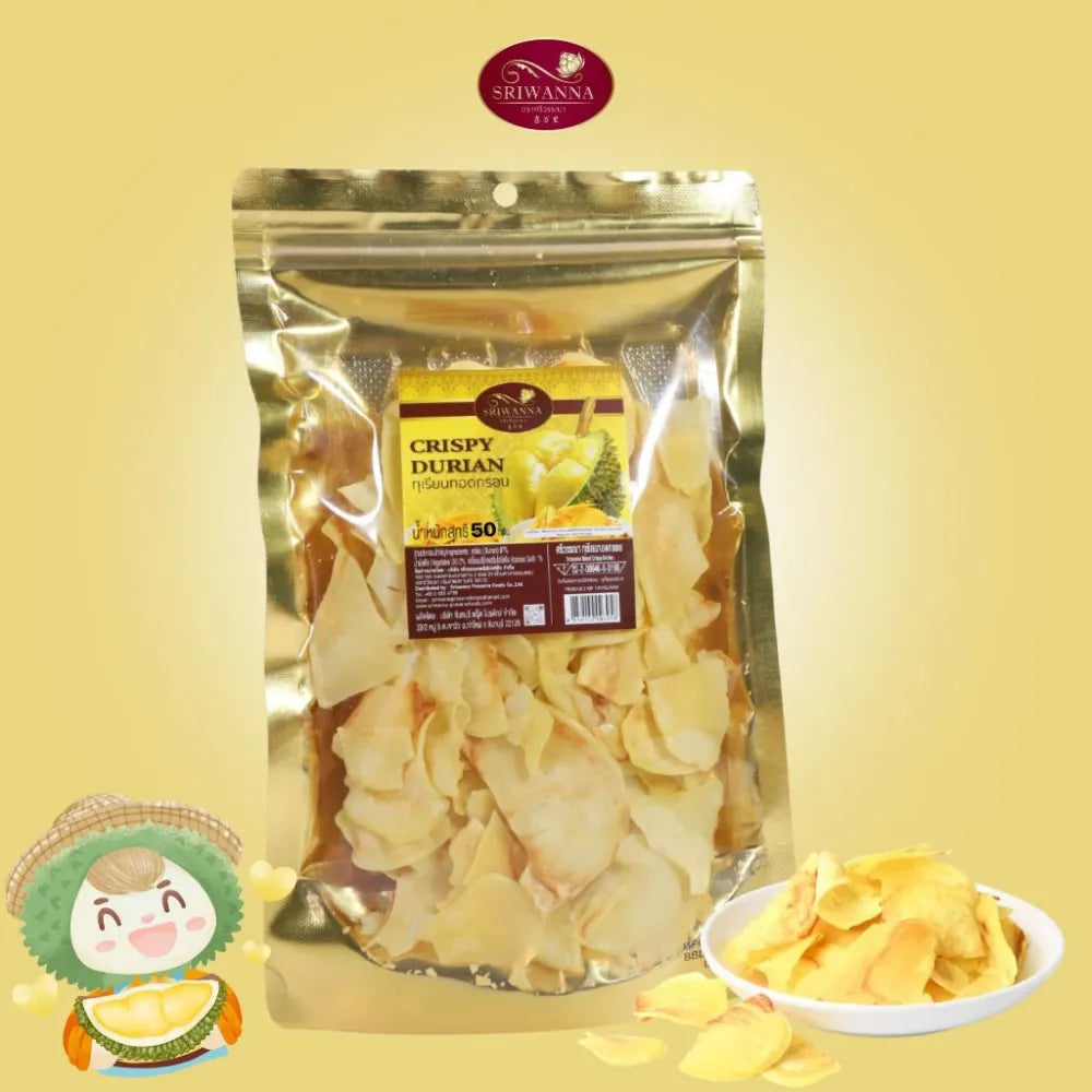 Sriwanna Crispy Durian Chips 50g in a clear package, showcasing golden, crunchy durian snack from Sriwanna brand.