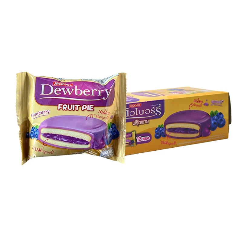 Dewberry blueberry fruit pie coating in an 18.5g dry grocery snack packet with blueberry illustration on the package.