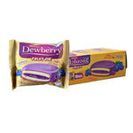 Dewberry blueberry fruit pie coating in an 18.5g dry grocery snack packet with blueberry illustration on the package.