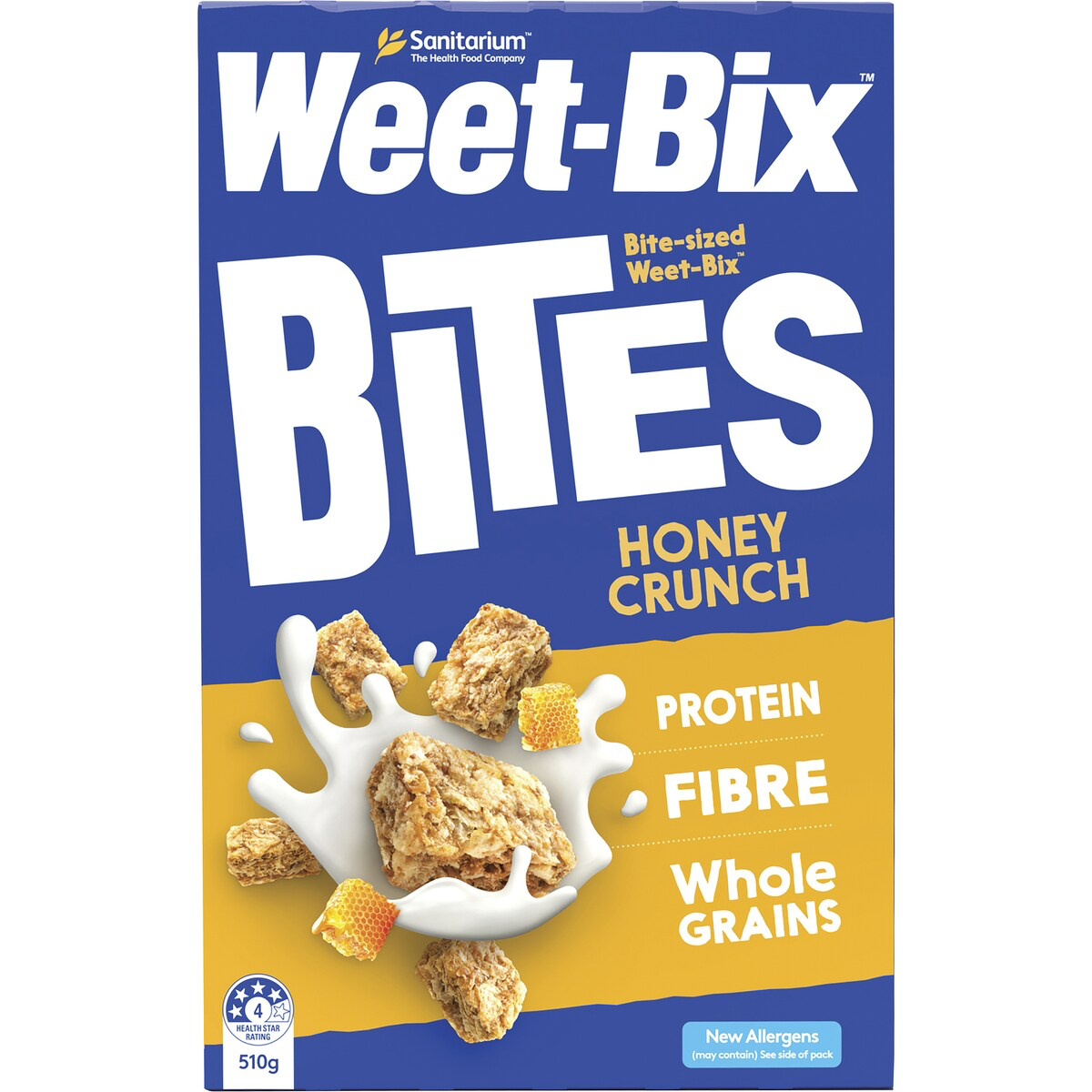 Sanitarium Weet Bix Bites Crunchy Honey breakfast cereal in a bowl with visible honey-coated, golden-brown cereal pieces.