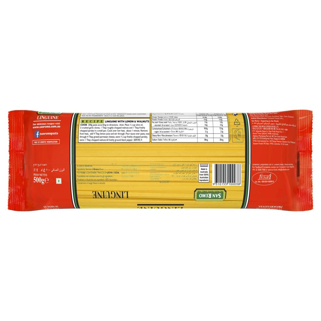 San Remo Linguine Pasta in a grocery package, showcasing thin, long, and flat pasta strands ideal for Italian dishes.