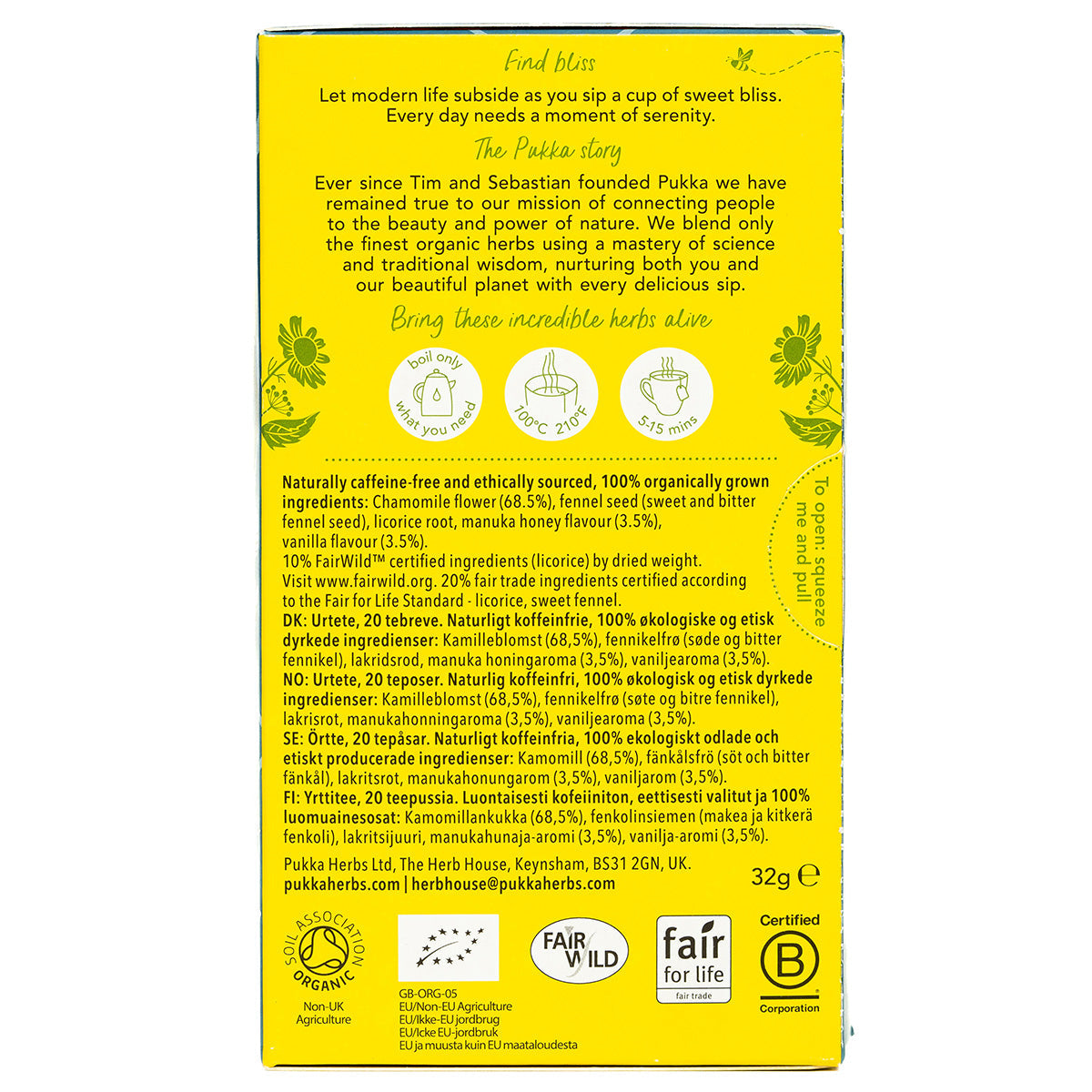 Pukka Chamomile, Vanilla and Manuka Honey Tea in a tea bag, showing the herbal blend and ingredients in a healthy, caffeine-free drink.