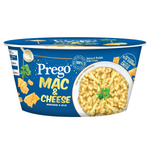 Prego Mac & Cheese instant pasta in a grocery package with creamy cheese sauce and cooked pasta inside
