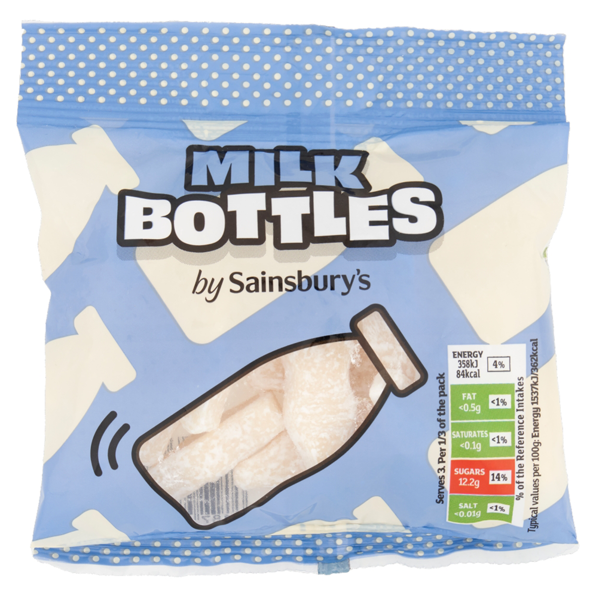 Sainsbury's Milk Bottle Sweets in colorful plastic bottles, classic confectionery snacks with milk bottle candies inside.