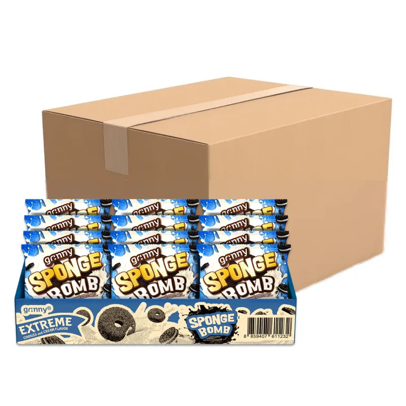 GRINNY Sponge Bomb Snack in Cookies and Cream flavor, 15g, featuring a colorful snack package with sponge-like texture on the front.