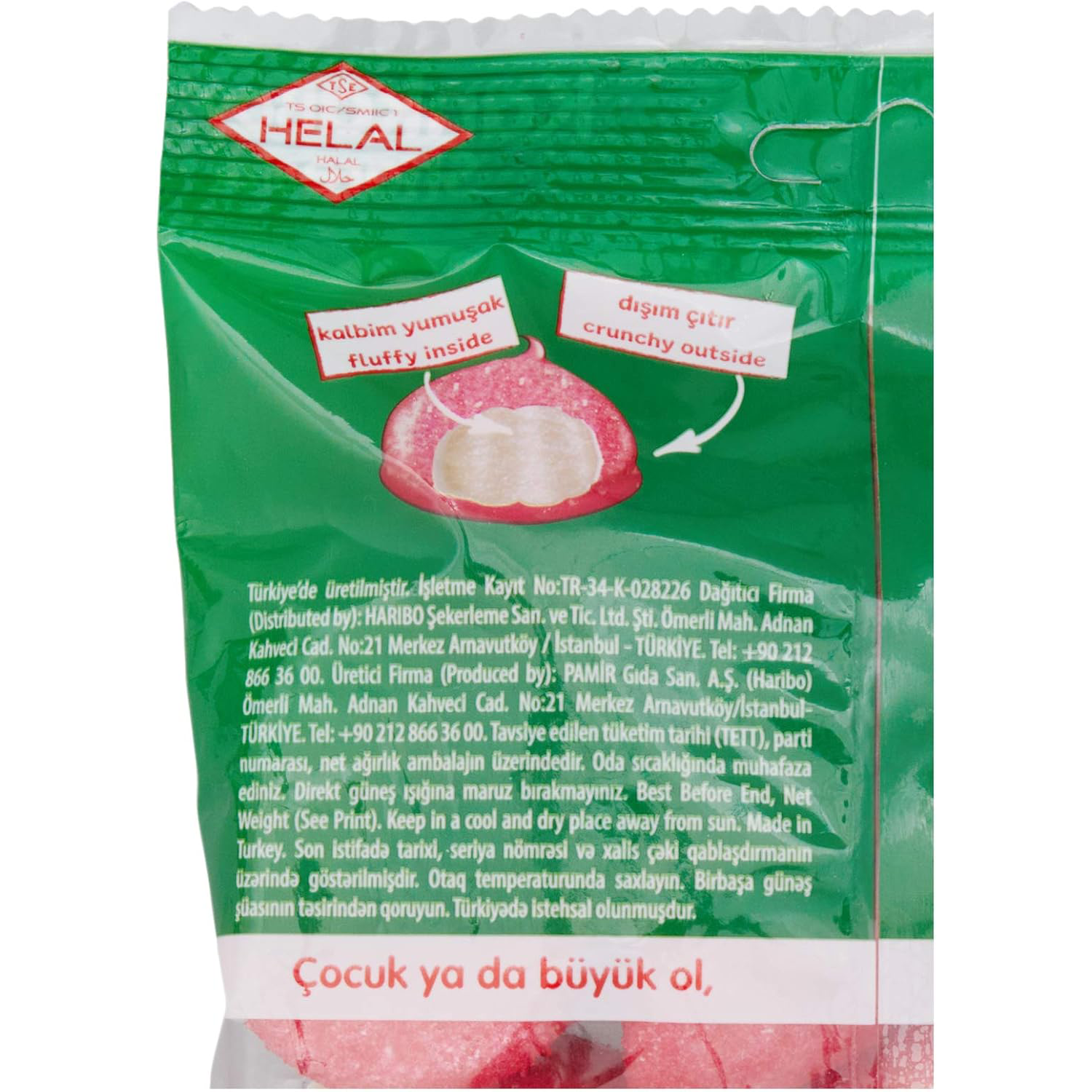 Haribo Chamallows Rubino confectionery snacks showing fluffy pink and white marshmallow candies in a close-up shot.