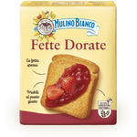 Barilla Mulino Bianco Fette Dorate confectionery snacks with golden, crispy slices shown on a white plate.