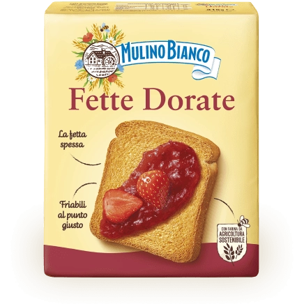 Barilla Mulino Bianco Fette Dorate confectionery snacks with golden, crispy slices shown on a white plate.