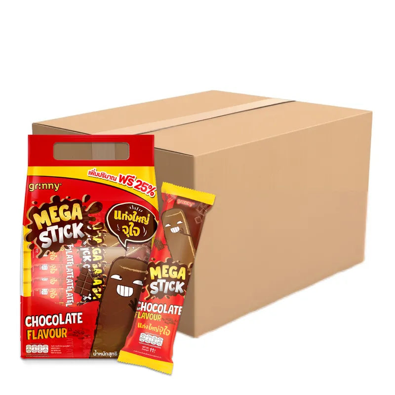 Grinny Corn Snack with Chocolate Flavor, 11g pack, showing crispy corn snack pieces coated with chocolate in a colorful package.