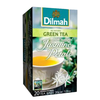 A glass of Dilmah Jasmine Green Tea with fresh jasmine flowers, showcasing the clear green tea drink in a clear glass.
