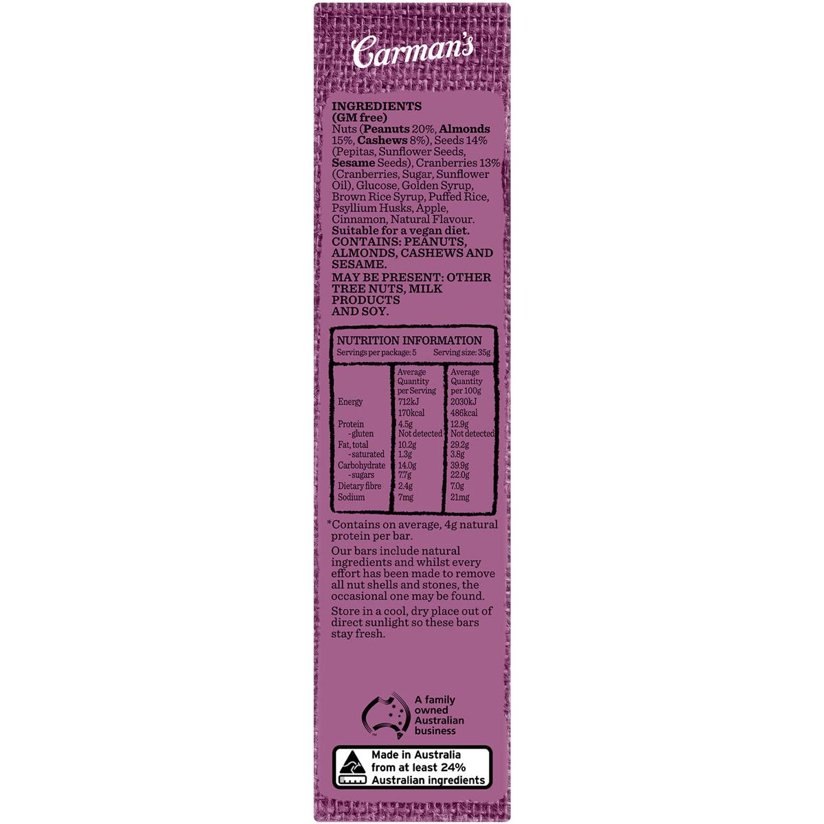 Carman's Almond Cashew Cranberry Bar showing a close-up of the healthy snack with almonds, cashews, and cranberries.