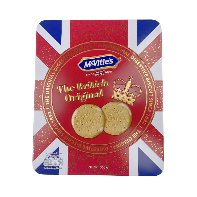 McVitie's Digestives Original Gift Tin with 500g of crispy wheat biscuits in a decorative tin, ideal for snacking or gifting.