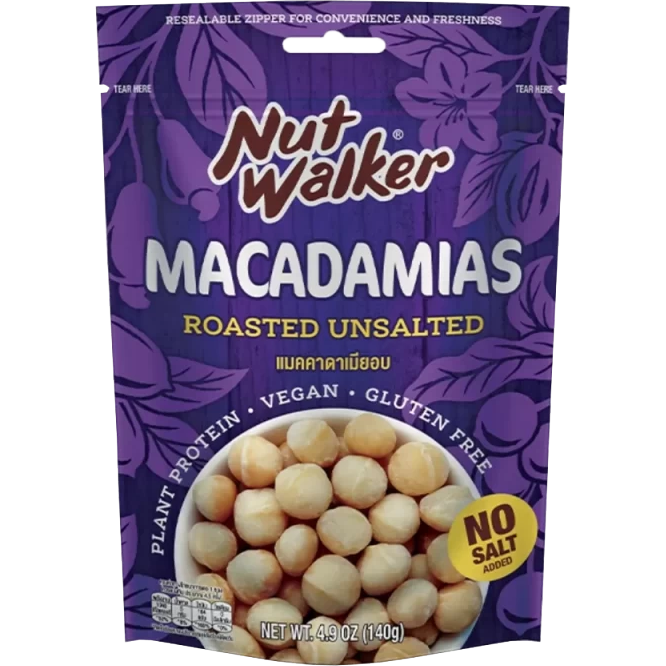 Roasted unsalted macadamia nuts in a bowl, offered by Nut Walker, gourmet confectionery snack with crunchy, creamy texture