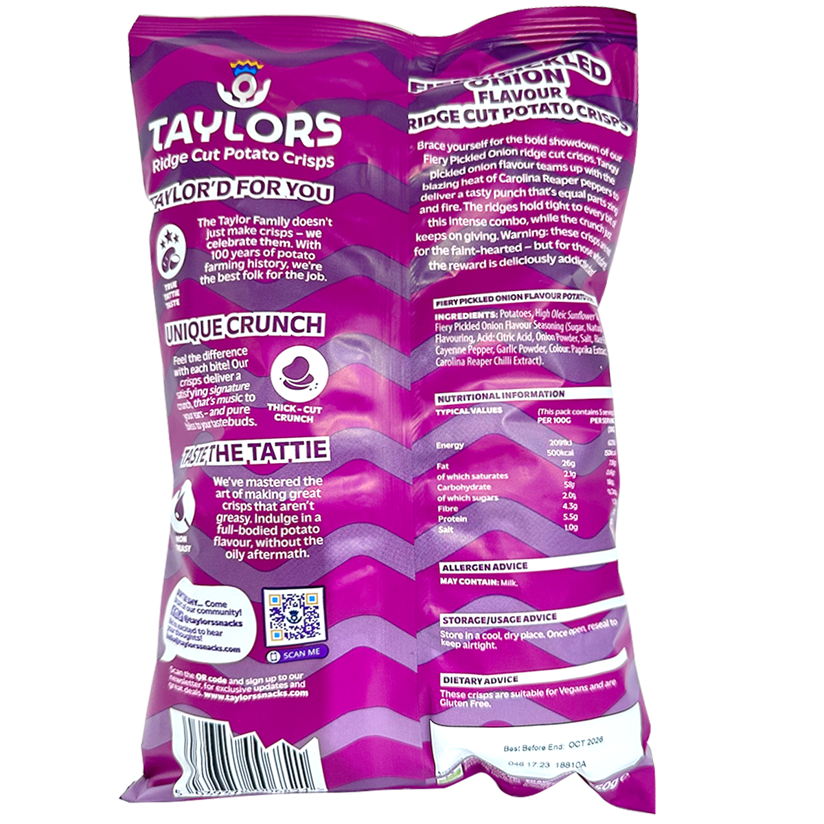 Taylors Fiery Pickled Onion Ridge Cut Potato Crisps in a colorful bag, showcasing spicy pickled onion flavor and ridge-cut texture.