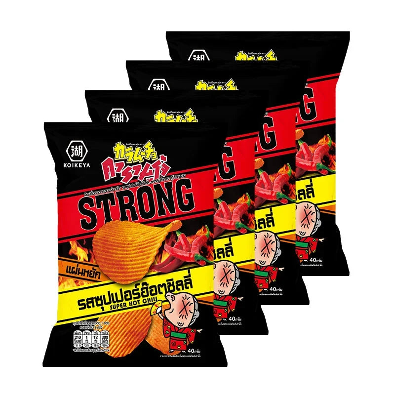 Karamucho Strong Potato Chips, ridge cut super hot chili flavor, 40g x4 pack, spicy snack from dry grocery snack collection.