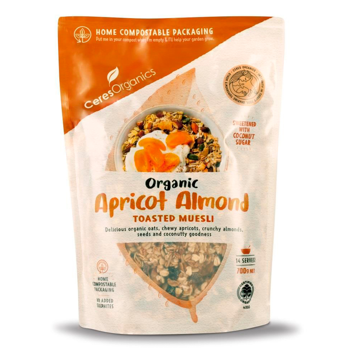 Ceres Organics Muesli with dried apricots and almonds, toasted organic cereal for breakfast or snacking.