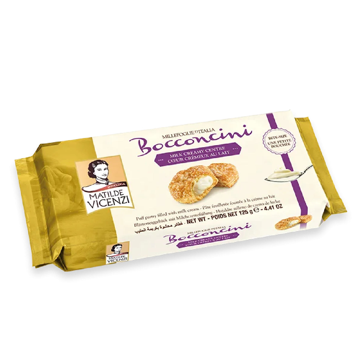 Vicenzi Bocconcini with Milk Cream, soft confectionery snacks with creamy filling, displayed on a plate.