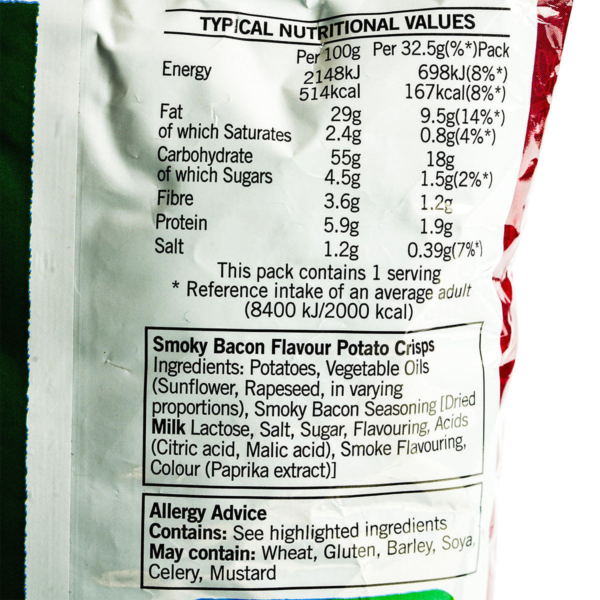 Walkers Smoked Bacon Potato Crisps in a bag, crispy snack with smoky bacon flavor, part of Walkers confectionery snacks collection.