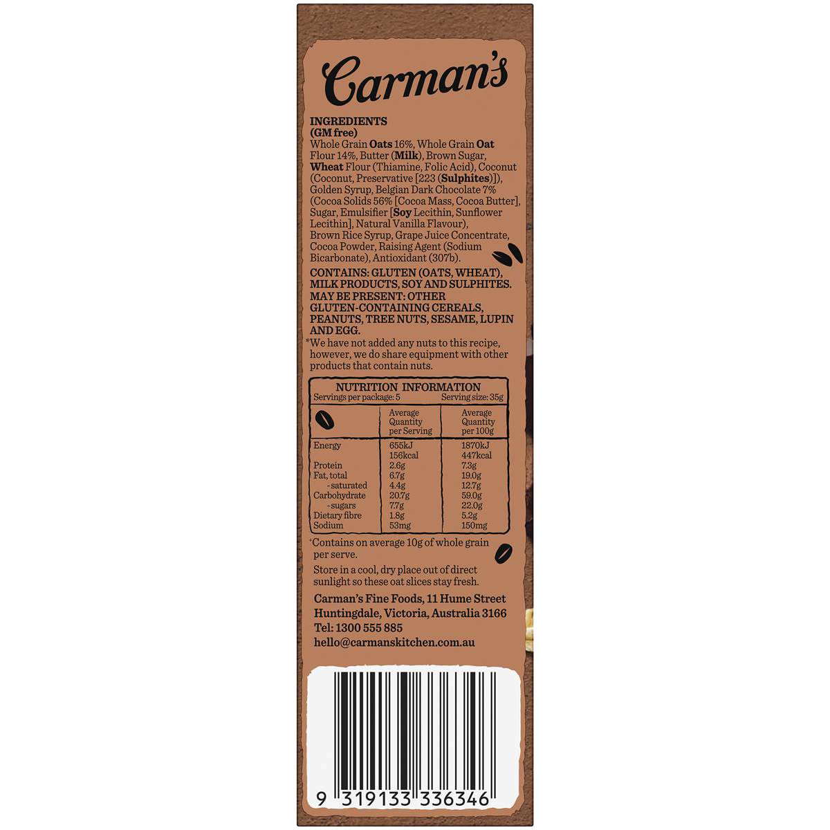 Carman's Belgian Chocolate Brownie oat slice, a nutritious grocery snack with rich chocolate flavor and oat ingredients.