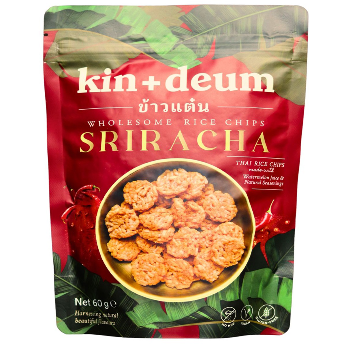 Kin Deum Wholesome Rice Chips Sriracha snack, crispy rice chips with spicy sriracha flavor, in bright packaging.