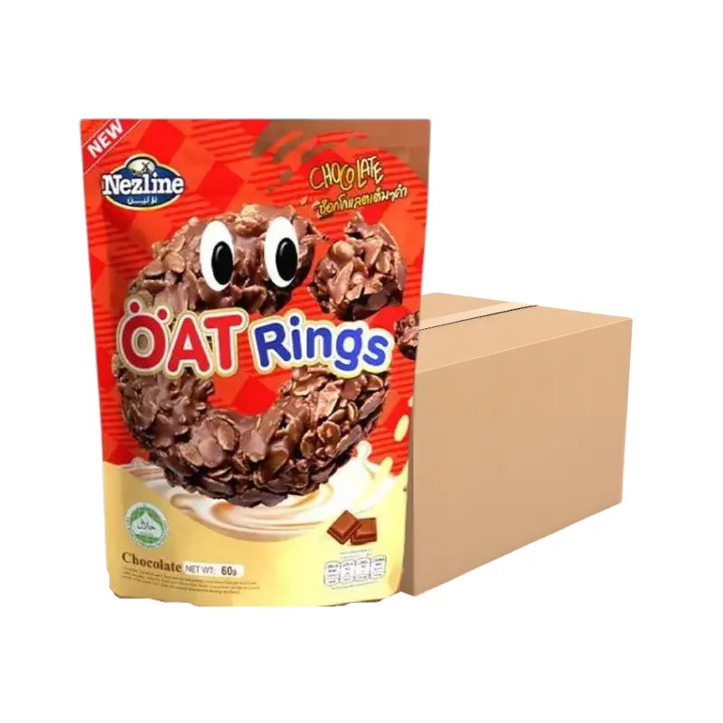 Nezline Oat Rings in chocolate flavor, 60g snack with round oat-based confectionery rings on a white background.