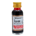 Bright red food coloring from Winner Food Color, used for baking and decorating, with vibrant liquid dye in a clear bottle.