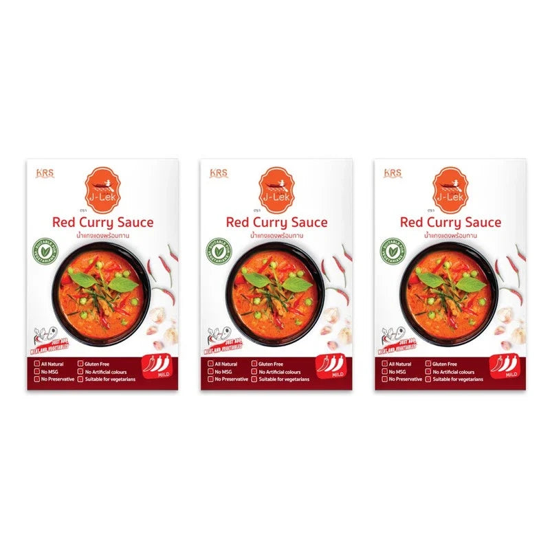 J-LEK Red Curry Paste Packets, 250g, dry grocery product with vibrant red paste in sealed packets.