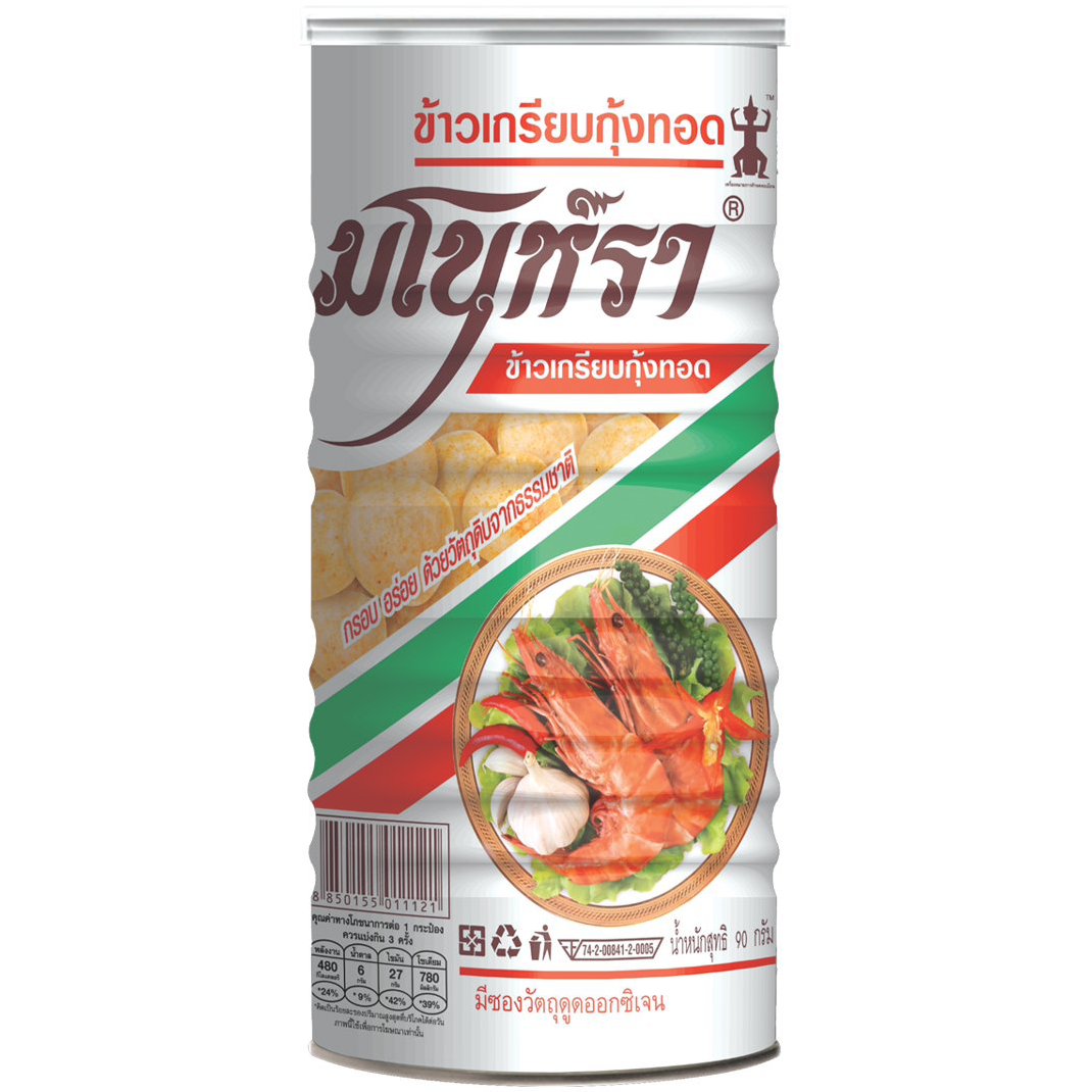 Manora Fried Rice Crackers with shrimp flavor, a pack of savory confectionery snacks, showing crispy rice crackers with shrimp seasoning