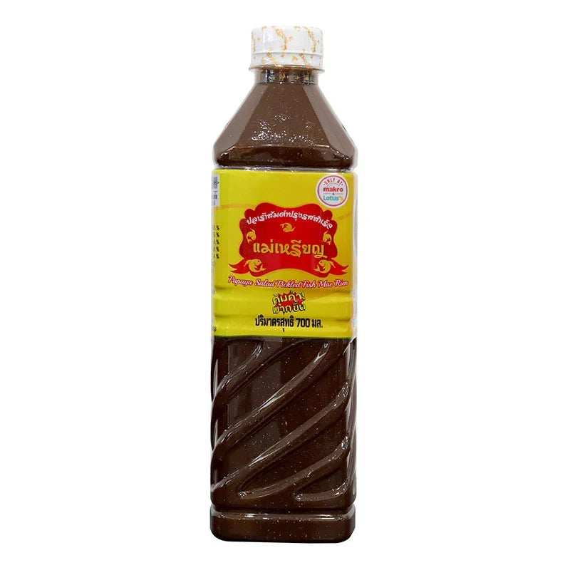 Maerien Fermented Fish Sauce 700ml bottle, dark liquid in glass container, used for cooking and seasoning in dry grocery.