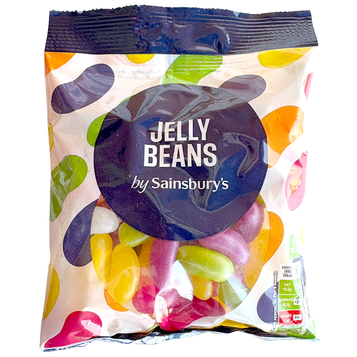 Assorted Sainsbury's Jelly Beans, colorful confectionery snacks in a clear bowl, showcasing bright, fruity jelly beans.