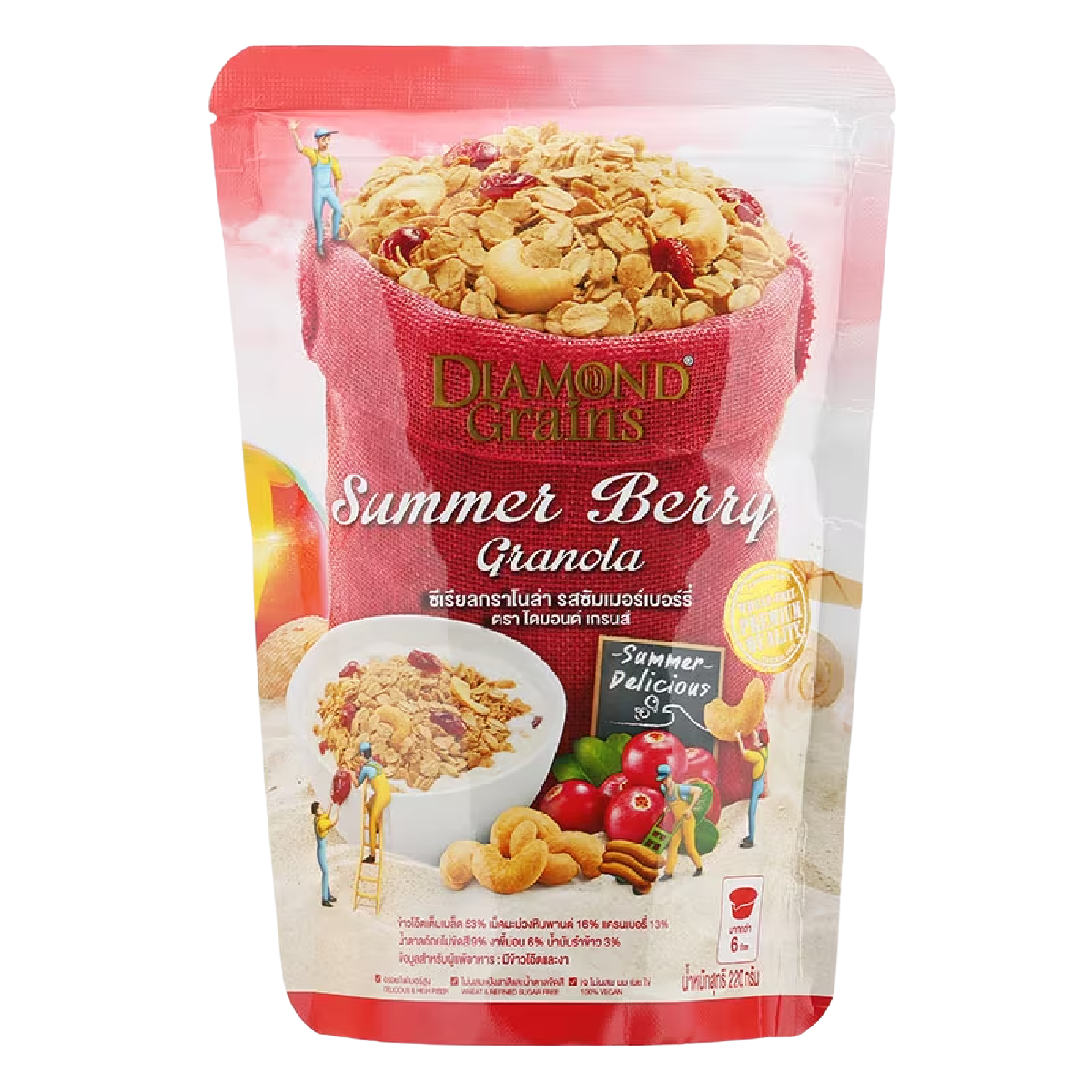 Diamond Grains Summer Berry Granola in a clear bowl, showcasing golden oats, dried berries, and crunchy texture.