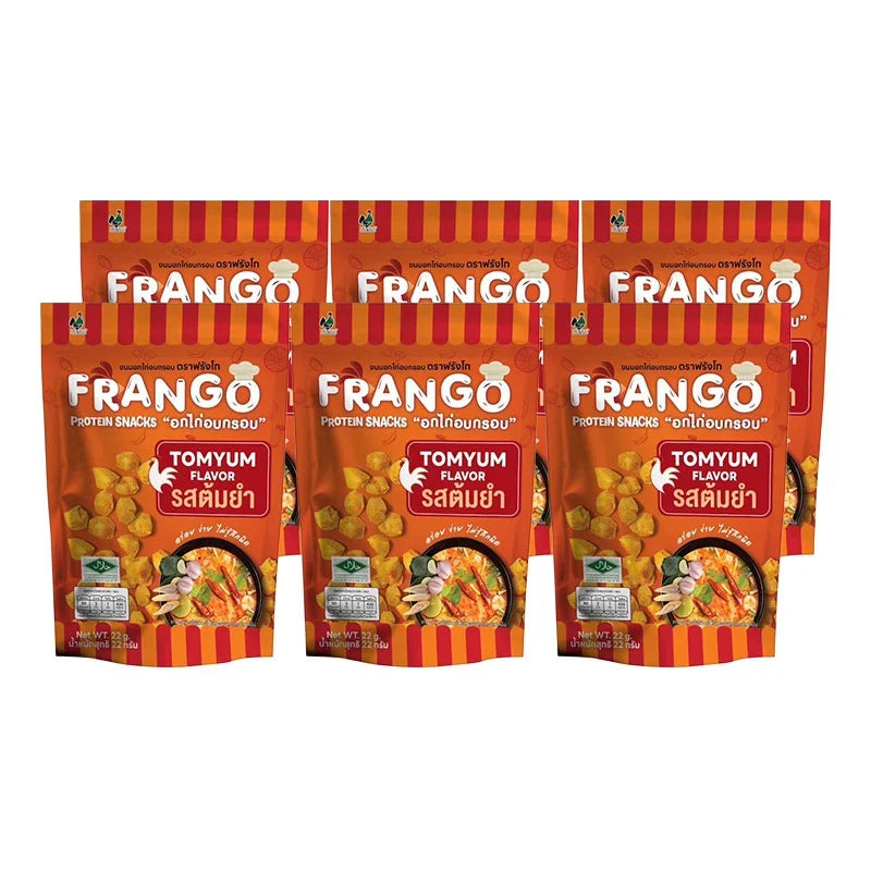 FRANGO Chicken Protein Snack in Tomyum flavor, 22g x6 packs, dry grocery snack with spicy, tangy seasoning in a colorful package.