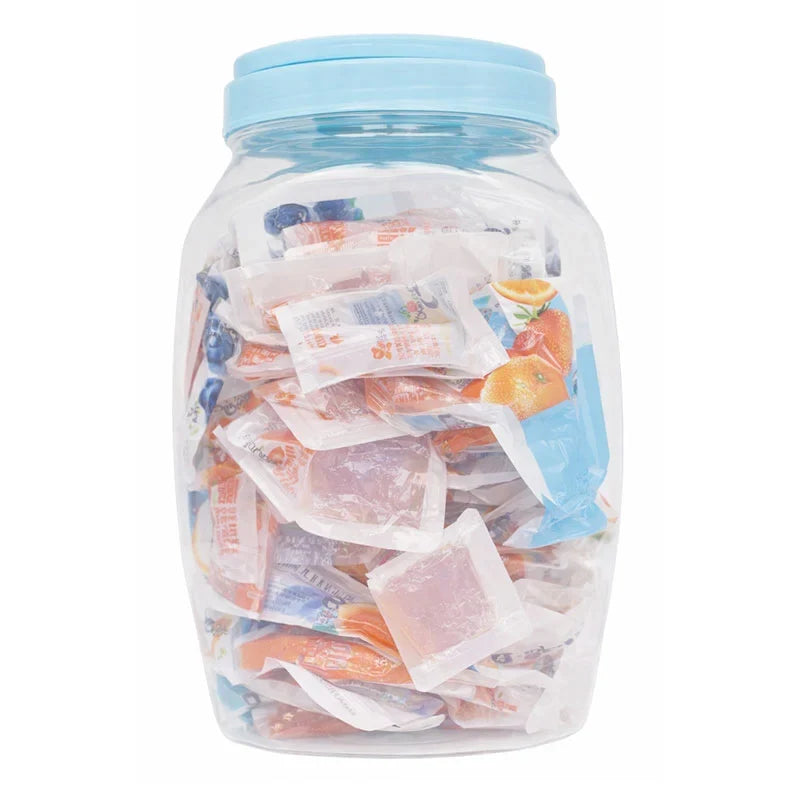 Strong Jelly Bucket Yogurt 25% 1kg, dry grocery snack with colorful jelly pieces in a transparent bucket.