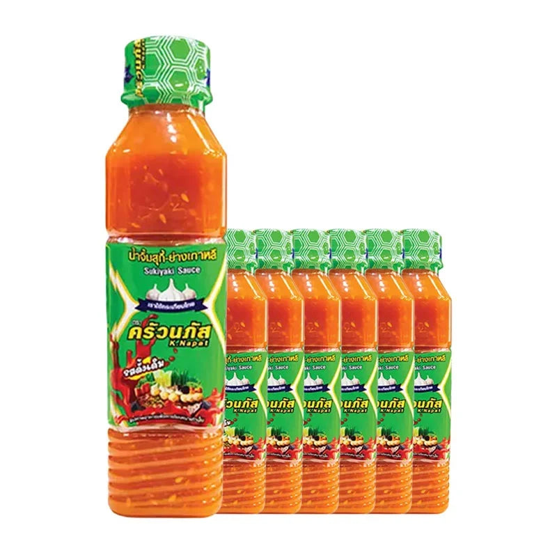 Kruanapat Suki Sauce in 280g bottles, six-pack, dry grocery product, featuring the sauce bottles with labels on a plain background.