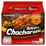 Spicy Samyang Chacharoni ramen package with red chili graphics, showcasing a Korean instant noodle grocery product.