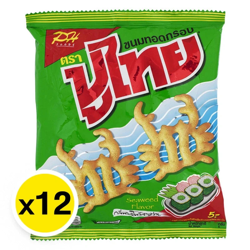 PU Thai Crispy Seaweed Snack 12g, thin dry nori sheets in a pack of 12, perfect for snacking or garnishing dishes.