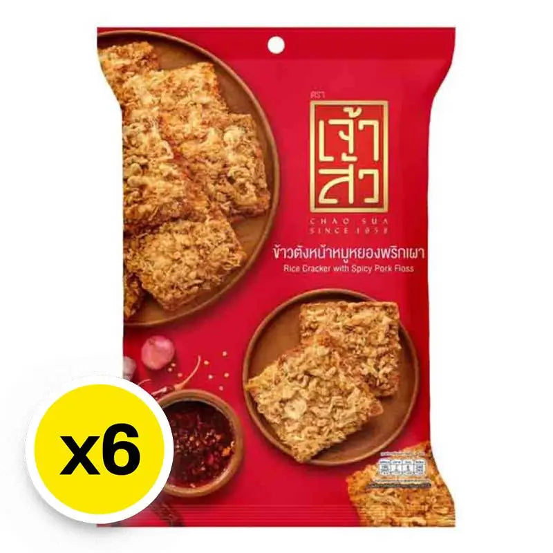 Chao SUA rice crackers with spicy pork floss, 30g pack, featuring crispy texture and savory toppings in a snack package.