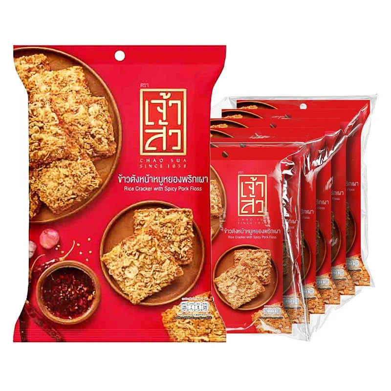 Chao SUA Rice Crackers with Spicy Pork Floss in a 30g package, stacked in a box, for dry grocery snack selection.