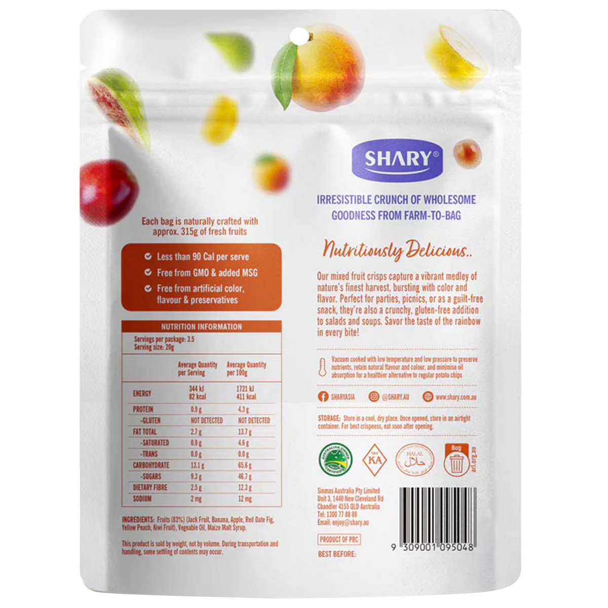 Shary Crisps Mixed Fruit confectionery snacks in colorful fruit shapes and vibrant packaging.