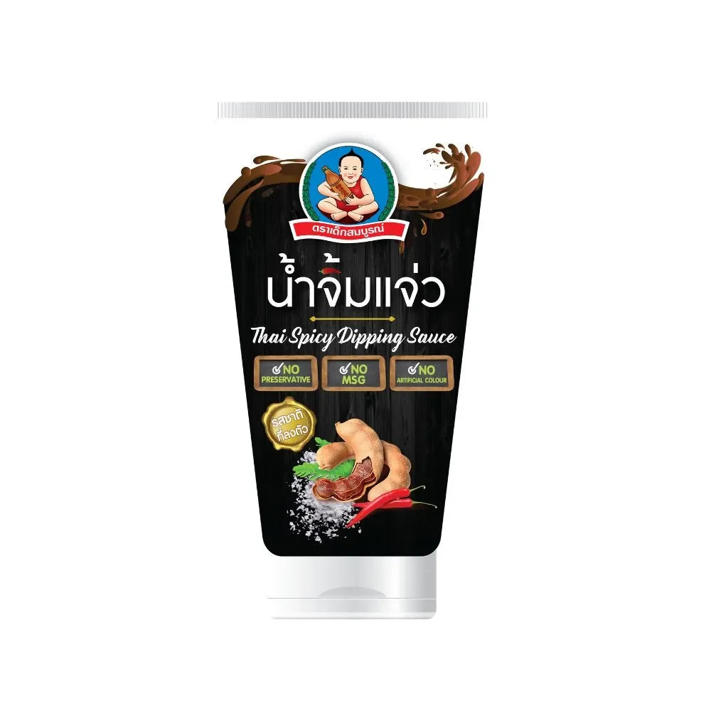 Deksomboon Jim Jaew dipping sauce bottle, Thai dry grocery product with traditional spicy, tangy flavor for dipping and cooking.