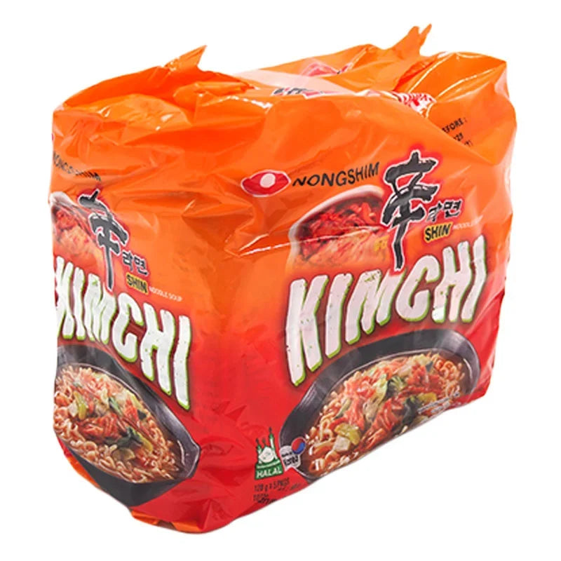 Nongshim Shin Ramyun spicy kimchi flavored dry noodle pack, 120g, in a vibrant package with noodles and kimchi images.