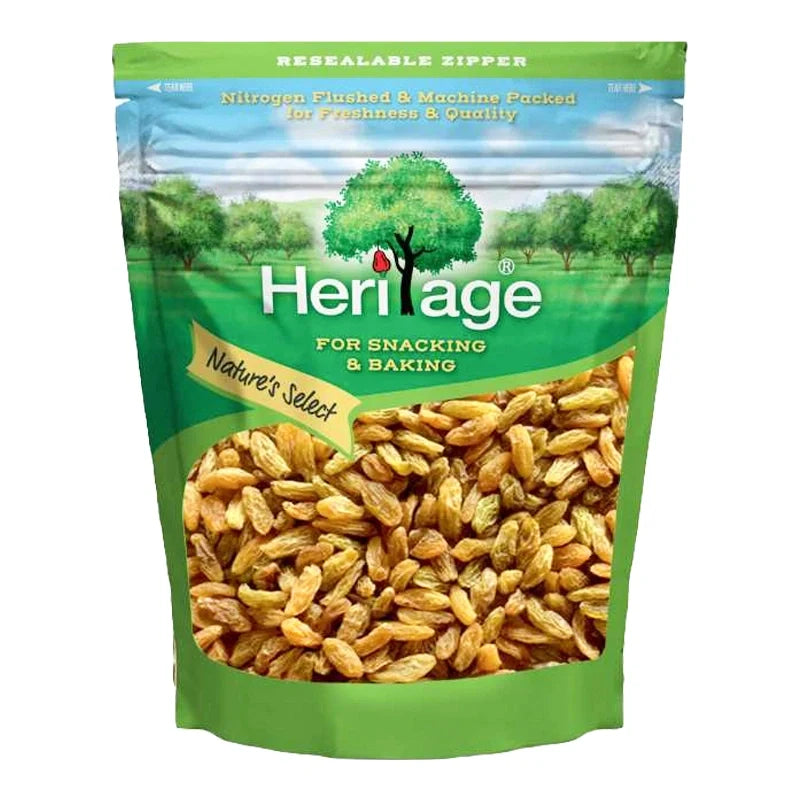 Heritage Green Raisins in a 454g package, dry grocery product, showing green dried raisins in a clear container.