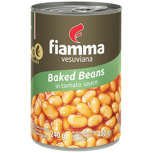 Fiamma Vesuviana Baked Beans in Tomato Sauce jar, showcasing the label and product packaging on a grocery shelf.