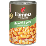 Fiamma Vesuviana Baked Beans in Tomato Sauce jar, showcasing the label and product packaging on a grocery shelf.